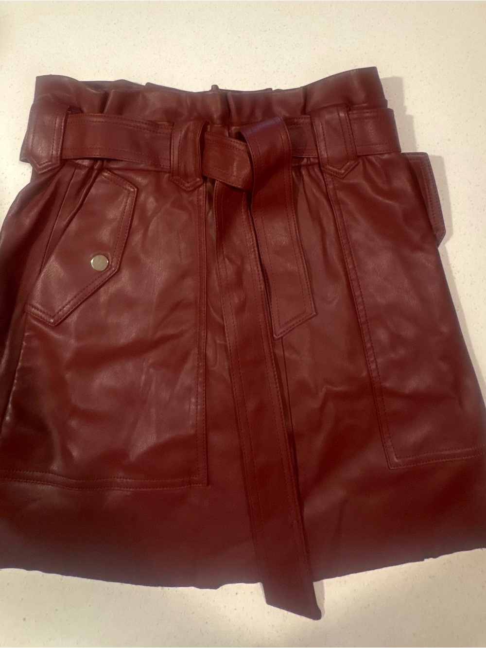 Zara High-Waist Wine Faux Leather Paperbag Skirt with Belt